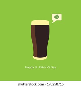 Beer with  speech bubble and clover. Saint Patrick's Day greeting card. Vector illustration. 