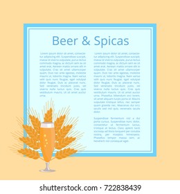 Beer and spices poster with pilsner glass on background of ears of wheat with place for text. Refreshing alcoholic beverage in transparent glassware