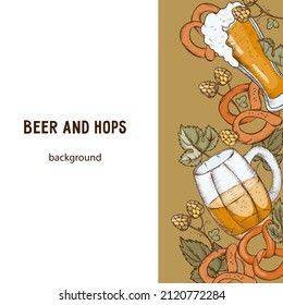 Beer square background or poster template, engraved colored hand drawn vector illustration. Poster or card, advertisement layout with beer mugs and glasses.