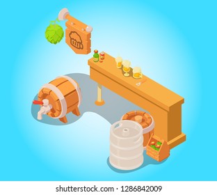 Beer stand concept banner. Isometric banner of beer stand vector concept for web, giftcard and postcard