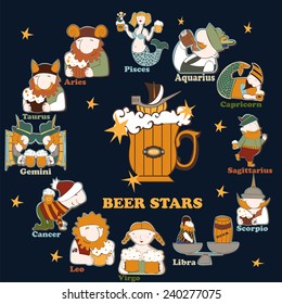  Beer stars. Set of symbolical images of zodiac sings. Set contains signs of zodiac, beer mug,ship,beer tun and stars. 