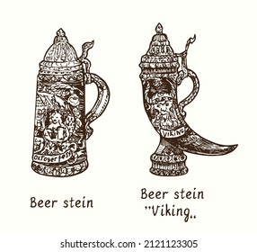 Beer stein collection. Standard and "Viking". Ink black and white doodle drawing in woodcut style.