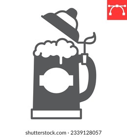 Beer stein glyph icon, oktoberfest and alcohol drink, foamy beer in a mug vector icon, tankard vector graphics, editable stroke solid sign, eps 10.