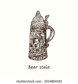 Beer stein. Ink black and white doodle drawing in woodcut style.