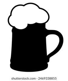 beer stein mug silhouette shape, black and white vector illustration of glass of beer with beer head, white background