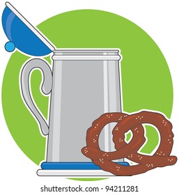 A beer stein and a salted pretzel, sitting on a green background.