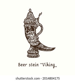 Beer stein "Viking". Ink black and white doodle drawing in woodcut style.