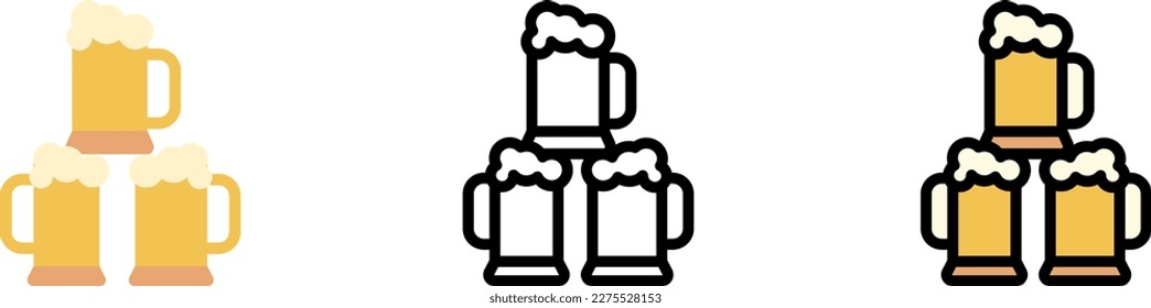 Beer steins vector icon in different styles. Line, color, filled outline