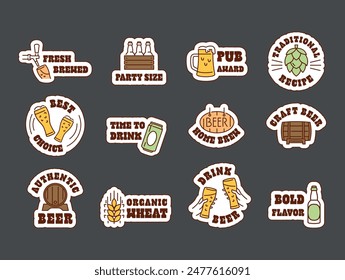 Beer sticker alcohol malt beverage pub craft drink party design template vector flat illustration. Lager hop alcoholic brewery organic wheat foam bottle glass mug outline emblem label