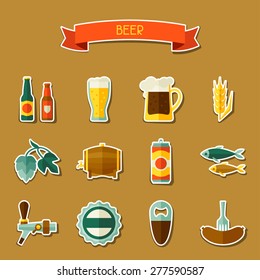 Beer sticker icon and objects set for design.