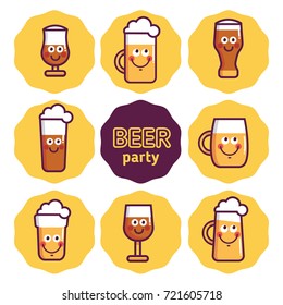 Beer stickers, avatar, icon for bar or pub menu. Beer emoticon set. Smiley cartoon beer.