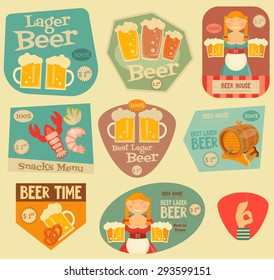 Beer Stickers in Flat Design Style. Bavarian Girl with Beer Mugs. Layered file.