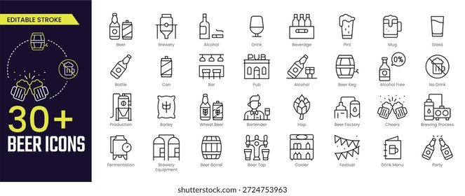 Coleções de ícones de Traço de Cerveja. Contendo ícones de Cervejaria, Álcool, Bebida, Caneca, Vidro, Barril de Cerveja, Processo, Torneira de Cerveja e Fábrica de Cerveja. Ícone de traçado editável coleção Ícone de estrutura de tópicos