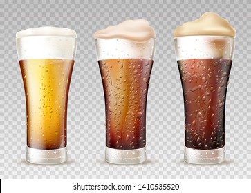 Beer styles from lager to stout 3d realistic vector set. Fresh, cold beer or ale poured in glasses with moisture drops on glass, foam pours out from top illustration isolated on transparent background