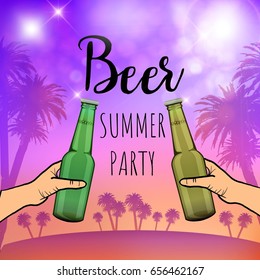 Beer summer party poster. Bright poster with beer bottles and palm. Summer party