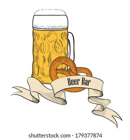 Beer symbol. Full Beer Glass with pretzel. Beer bar banner