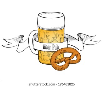 Beer symbol. Full Beer Glass with pretzel. Beer bar banner 