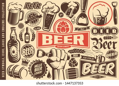 Beer symbols, emblems, logos, icons and design elements collection. Pubs, drinks, beer, alcohol and Oktoberfest theme. Vector beer illustrations set.