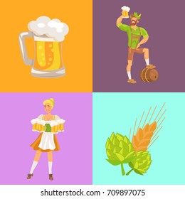 Beer and symbols of oktoberfest vector illustration depicting waitress and man in traditional german costumes holding drinks, hob and wheat
