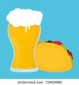 Beer and taco. Vector flat cartoon illustration icon design. Isolated on blue background. Beer and taco,fast food,bar concept