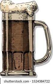 Beer in tankard glass. Vector color illustration in ink hand drawn style. isolated on white.