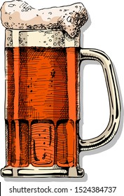 Beer in tankard glass. Vector color illustration in ink hand drawn style. isolated on white.