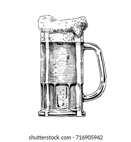 Beer in tankard glass. Vector illustration in ink hand drawn style. isolated on white.