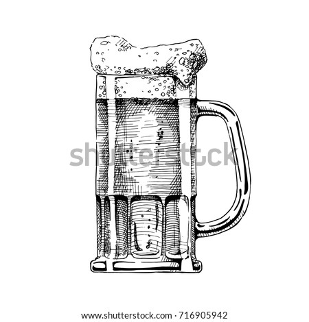Beer in tankard glass. Vector illustration in ink hand drawn style. isolated on white.