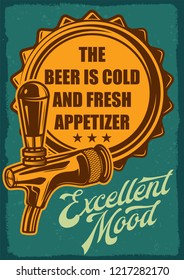 Beer tap, beer cap with quote. Beer pub design element. Vector vintage illustration.