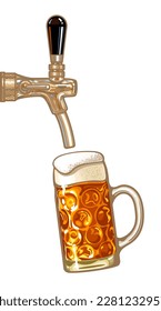 Beer tap and dimpled Oktoberfest glass beer Mug. Hand drawn vector illustration isolated on white background.