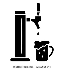 Grifo de cerveza con taza completa con icono sólido de espuma, concepto de Oktoberfest, signo de equipo de pub sobre fondo blanco, bomba de cerveza para icono de bar en estilo glifo para diseño móvil y web. Gráficos vectoriales