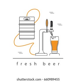 
Beer tap, a glass of beer, beer in kegs. Design element. Modern linear style. Vector  illustration.