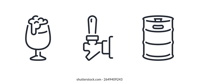 Beer tap, glass and metal barrel editable stroke outline icons set isolated on white background flat vector illustration. Pixel perfect. 64 x 64.