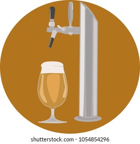 Beer tap and glass with beer on a brown background