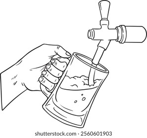 Beer Tap with Hand Pouring Draft Beer into a Glass - Line Art Vector Illustration.
