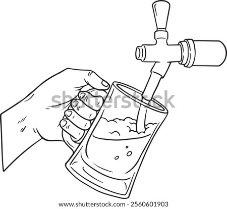 Beer Tap with Hand Pouring Draft Beer into a Glass - Line Art Vector Illustration.
