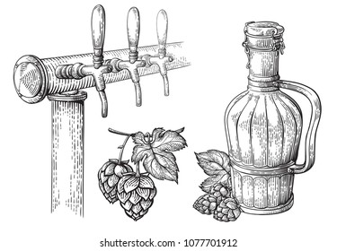 Beer Tap Hops And Bottle Collection Vector Illustration