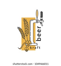 Beer Tap, Hops And Wheat. Linear Icon. Sign, Symbol, Emblem, Label, Logo For Brewery, Beer Restaurant, Pub, Bar, Menu, Website. Vector Illustration.