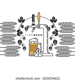 Beer tap, hops, wheat, beer mug. Vector sign in a line style for the menu, restaurant, brewery. Set of isolated elements.
