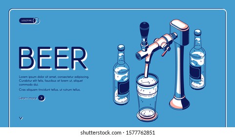 Beer tap isometric landing page, alcohol drink pouring from faucet with handle to glass in bar or pub. Craft brew advertising poster on blue retro colored background. 3d vector line art illustration