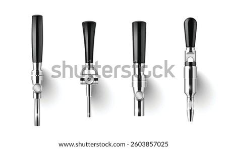Beer tap mockups set isolated on white background. Vector realistic illustration of bar or restaurant equipment for pouring beverages, shiny steel faucet with black handle, craft brewery barrel pump