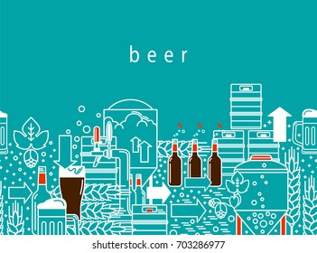 Beer tap, mug, glass with dark beer, kegs, bottles, equipment for brewery, hops, wheat. A unique design with a linear pattern on a blue background. Vector illustration.