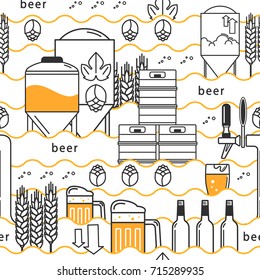 Beer Tap, Mug, Glass With Beer, Kegs, Bottles, Equipment For Brewery, Hops, Wheat. Linear Pattern On White Background. Vector Illustration.