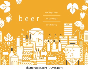 Beer tap, mug, glass with beer, kegs, bottles, equipment for brewery, hops, wheat. Linear pattern on a yellow background. Vector illustration.