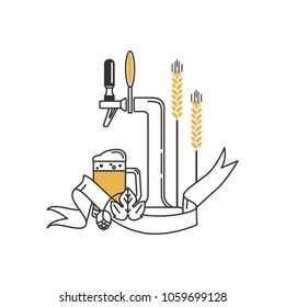 Beer tap, mug, hops, wheat and ribbon . Linear icon. Sign, design element, symbol, emblem, label, logo for brewery, beer restaurant, pub, bar, menu, website. Vector illustration.