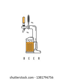 Beer tap and beer mug. Symbol in modern line style. Isolated elements on a white background. Brewery logo, craft beer label, alcohol shop, pub icon.