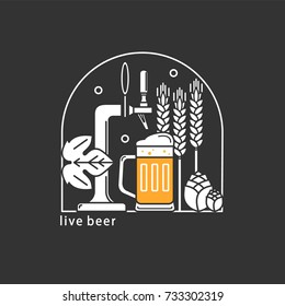 Bierhahn, Bierkrug, Weizen, Hopfen. Lineare Symbole der Vektorillustration. Brauerei.