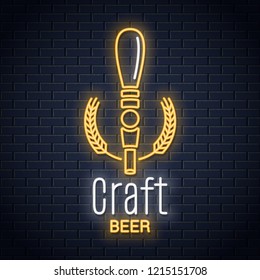 Beer tap neon logo. Craft beer neon sign on black background