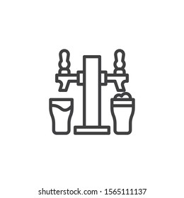 Beer tap with pint glass line icon. linear style sign for mobile concept and web design.  Pub beer tap and glasses outline vector icon. Bar beverage symbol, logo illustration. Vector graphics