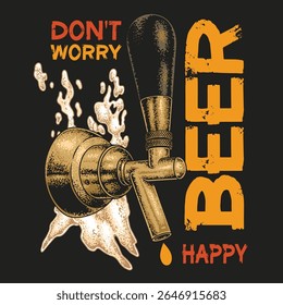 Uma torneira de cerveja flui cerveja espumosa com tipografia divertida acima dela. Distintos tons dourados enfatizam a palavra cerveja encorajando uma atitude despreocupada em um ambiente animado.
